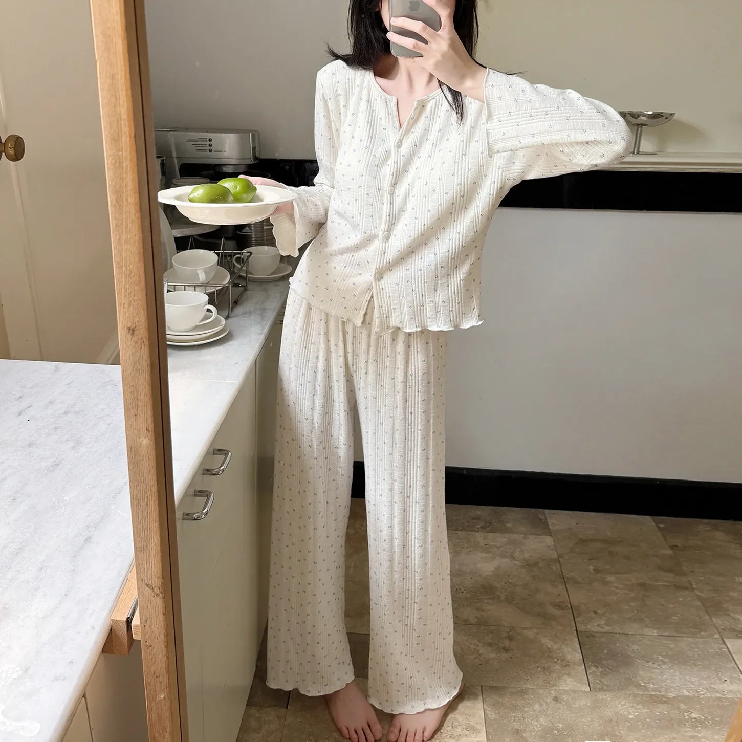 春秋ニット綿レディースパジャマセット 胸パッド付き 長袖オープンカーディガン ロングパンツ 可愛い女の子用ホームウェア C 1