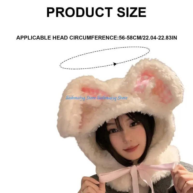 573B Furry Rabbits Hat White Soft Ear Headwear for Women Winter Cycling Climbing Skiing Furry Rabbits Hat Thick Lining