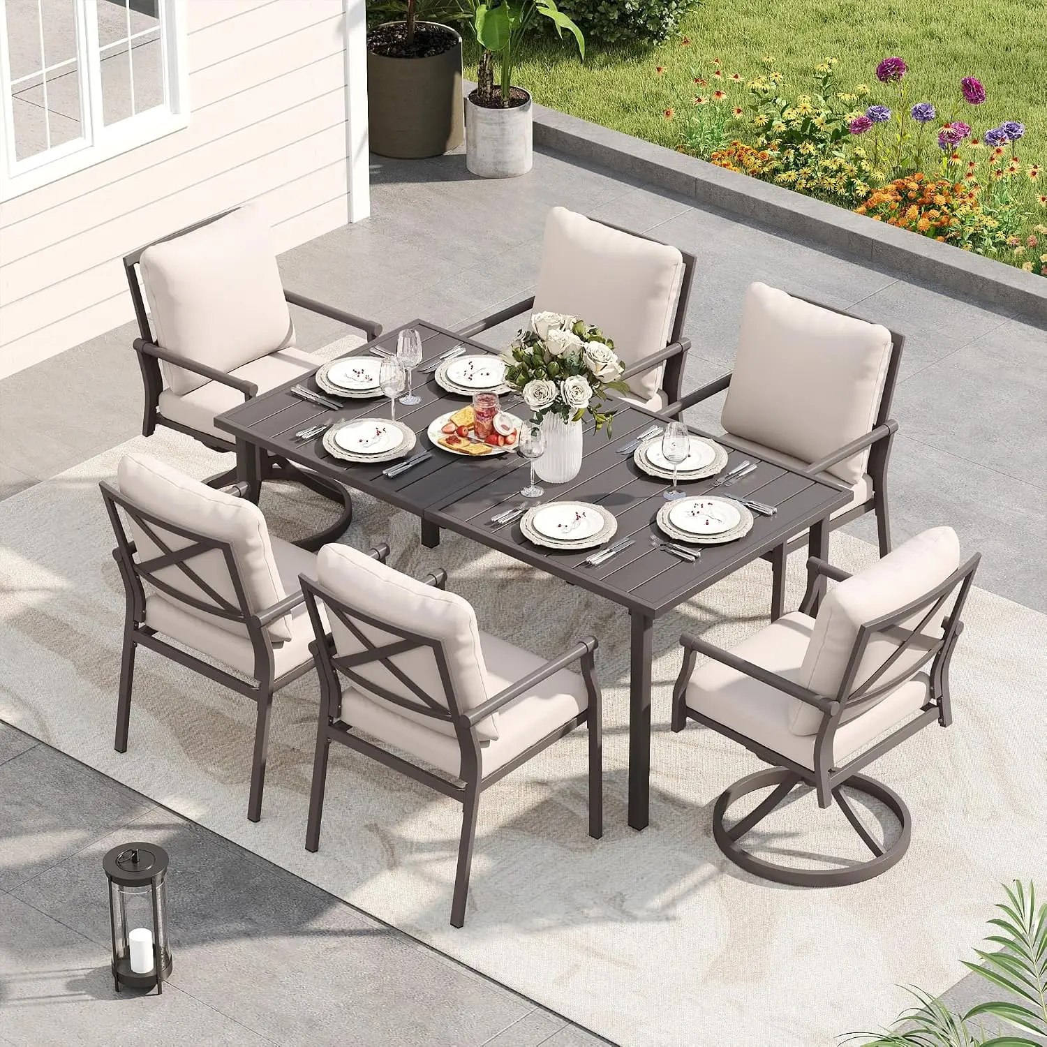Metal Patio Dining Set 6-Piece 4 Chairs 2 Swivel Rockers Thick Cushions 60