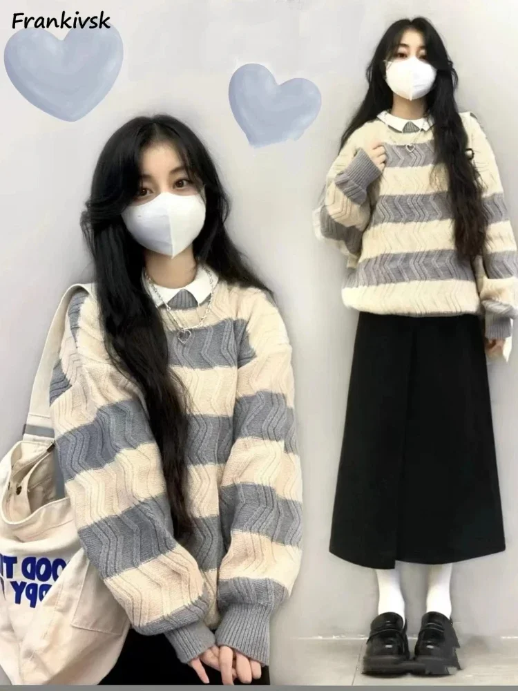 

Striped Sweaters Women Wave Out Contrast Color All-match Korean Style Knitwear High Street Youthful Popular Long Sleeve Autumn