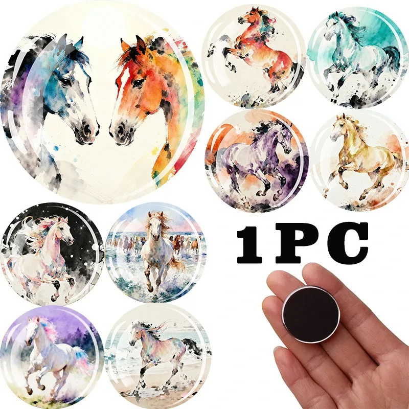 1PC 30MM Watercolor Style White Horse Brown Horse Dome Glass Circular Refrigerator Sticker Horse Home Decorations Party Gifts