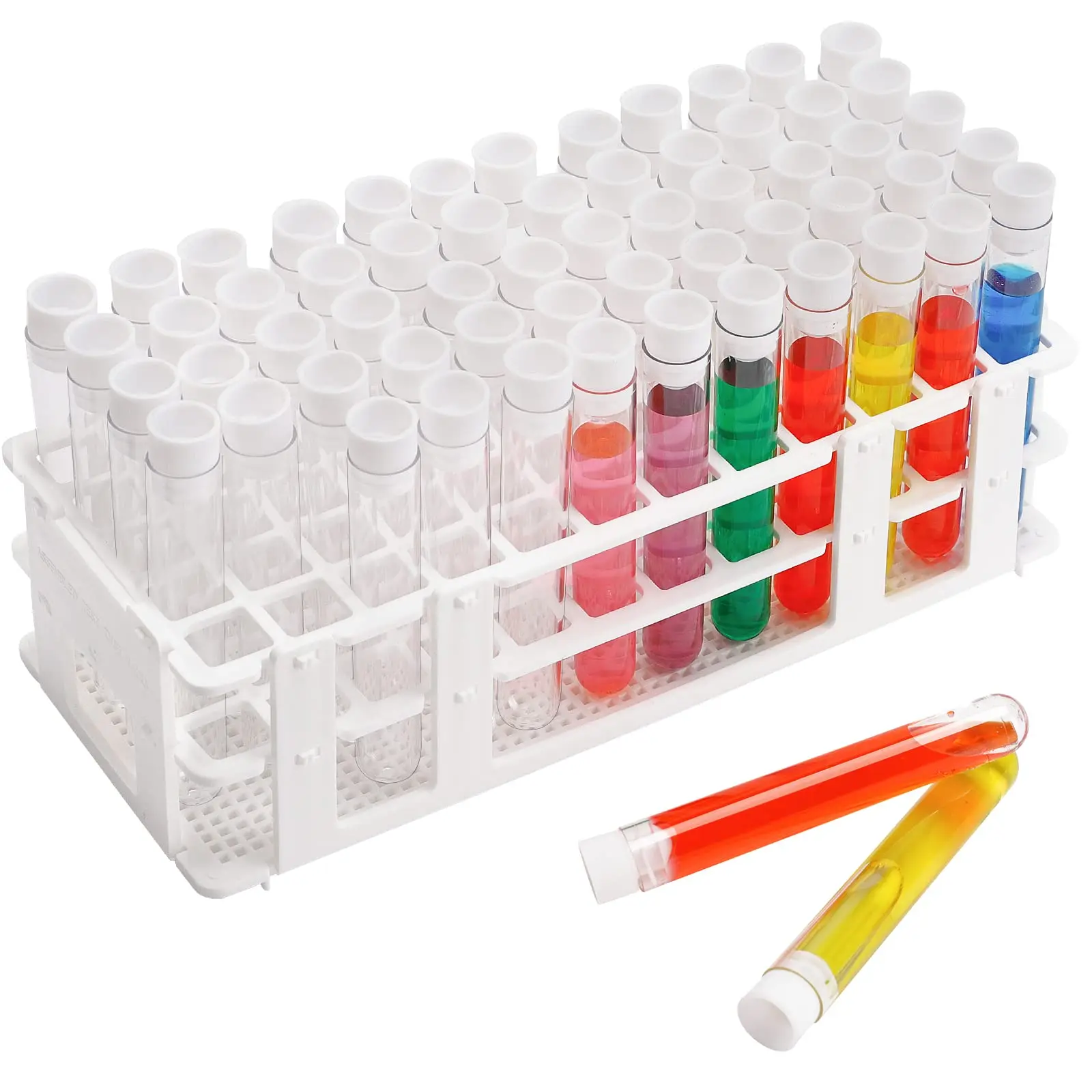 Tubos de ensayo de plástico con tapas, tubos de ensayo transparentes con soporte para experimentos científicos de laboratorio, 60 piezas, 13ml, 1 estante