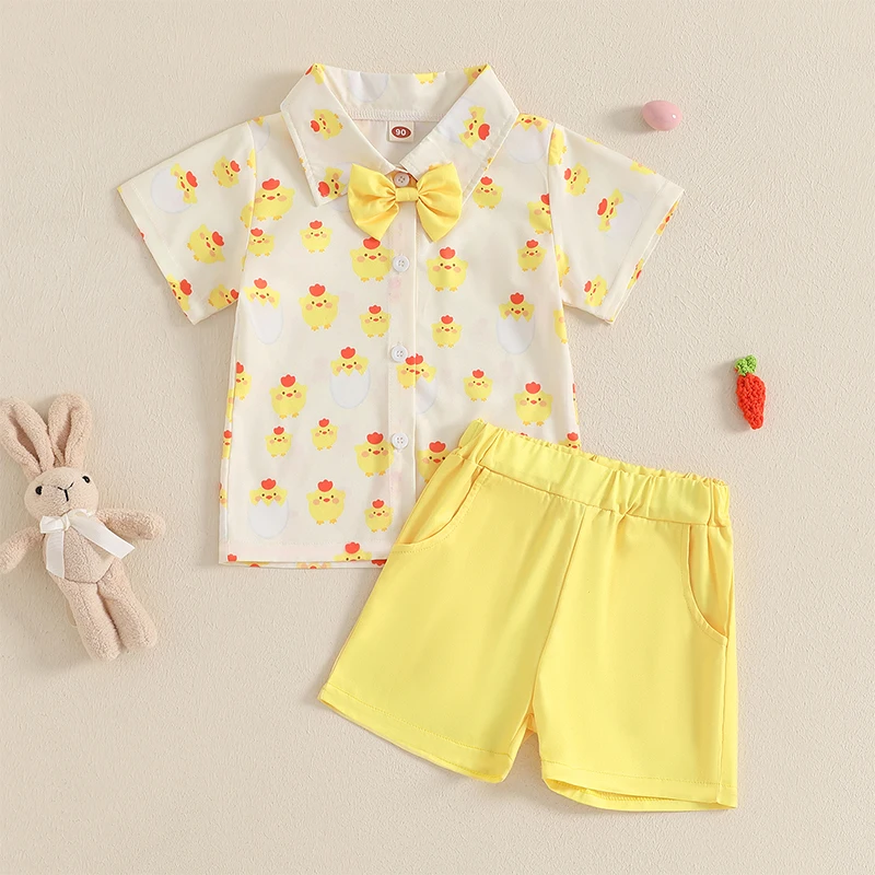 Toddler Baby Boys Outfits Easter Egg Carrot Chick Pattern Turn Down Collar Short Sleeve Shirt with Short 2Pcs Set for Summer