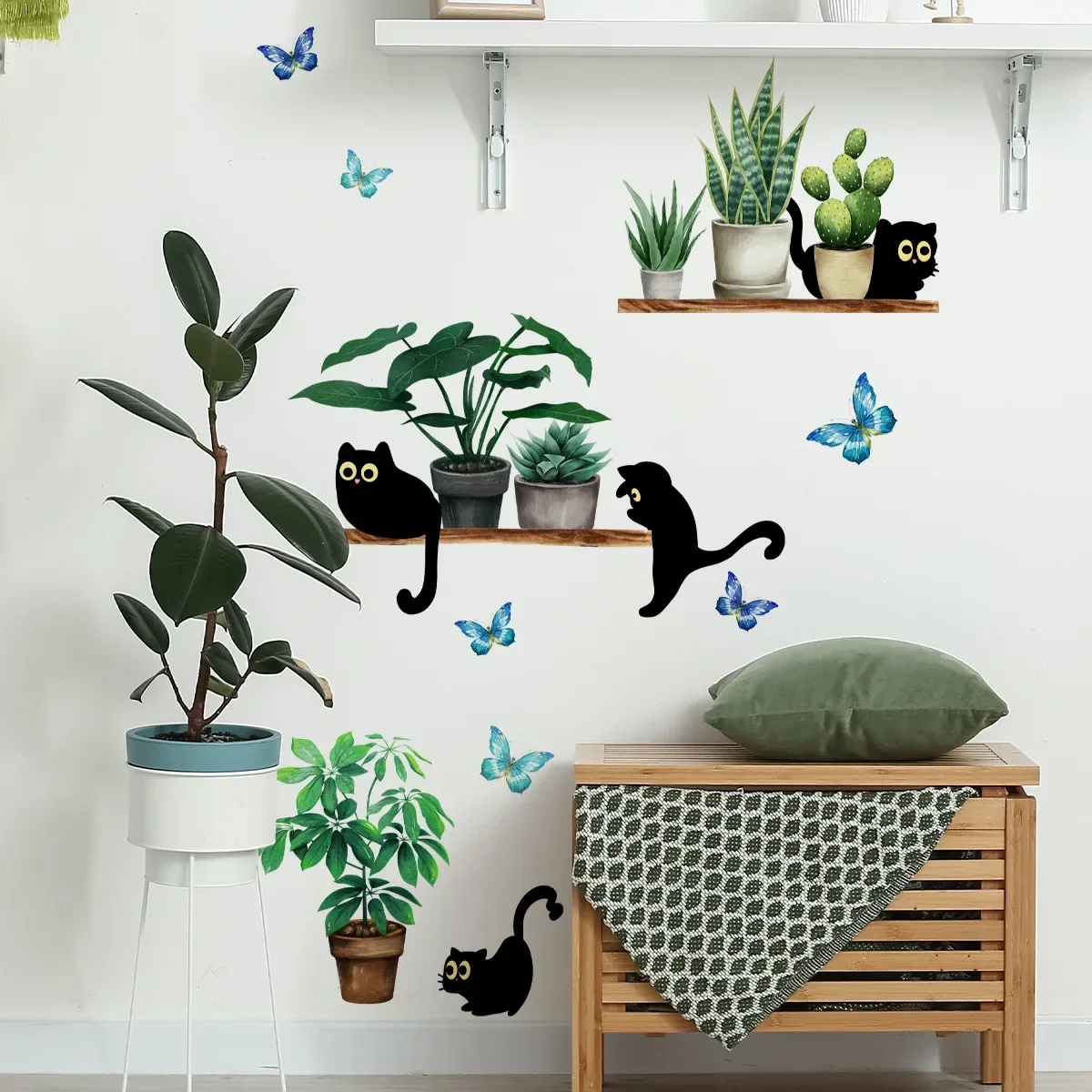 Green Pot Plants Wall Decals Hanging Baskets with Black Cat Butterfly Wall Stickers Removable Art Decor Murals Home Decorations