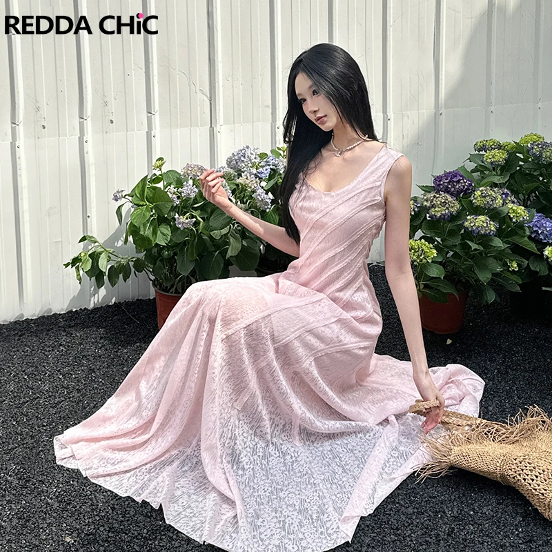 

ReddaChic нерегулярное лоскутное кружевное платье розового цвета с круглым вырезом без рукавов макси длинное струящееся платье женская цельная летняя одежда