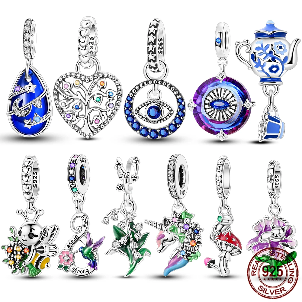 925 Sterling Silver Fit Original Blue Devil's Eye Charms Flower Pendent Dangle Bracelet Necklace DIY Women Jewelry Gift