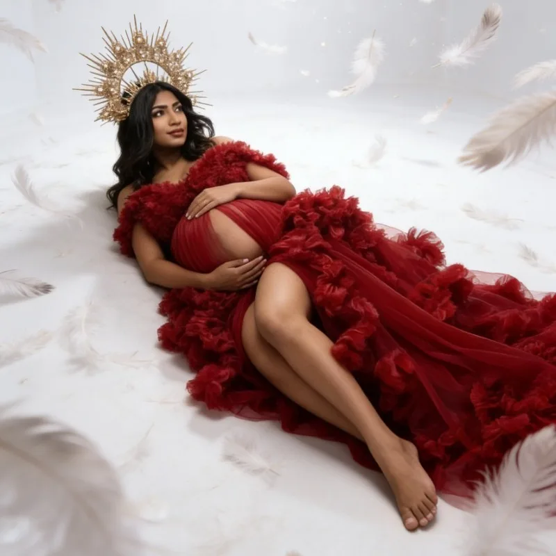 Customized Red Maternity Prom Gown - Puffy Ruffles, Side Slit, Long Dress Perfect for Pregnancy Photoshoot & Baby Shower