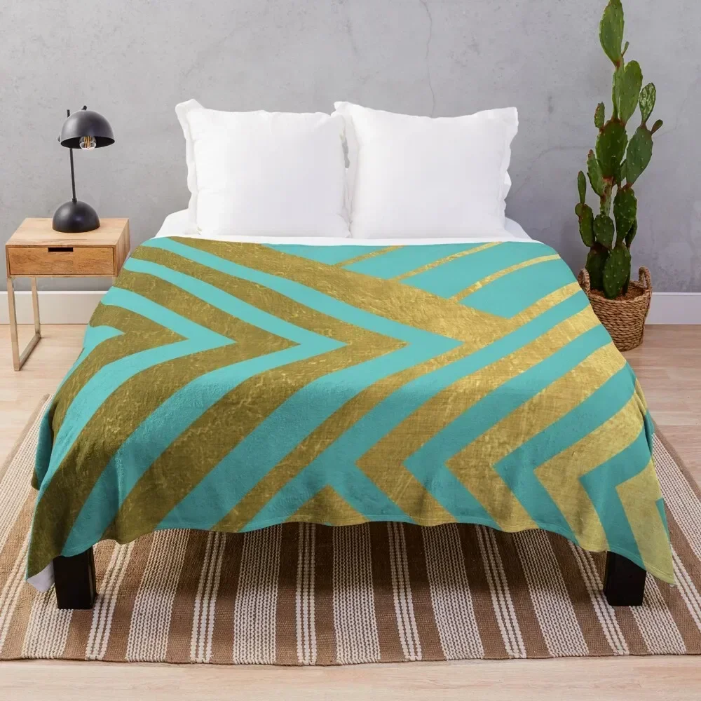

Turquoise and Gold Geometric Luxe Throw Blanket Warm Comfortable Blanket for Office Napping