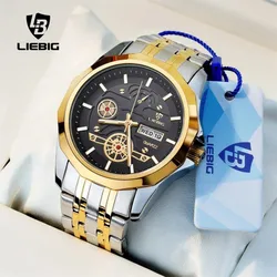 LIEBIG  Watch For Men Quartz Movement Golden Top Brand Luxury Stainless Steel Strap Date Week Wristwatch Clock relogio masculino