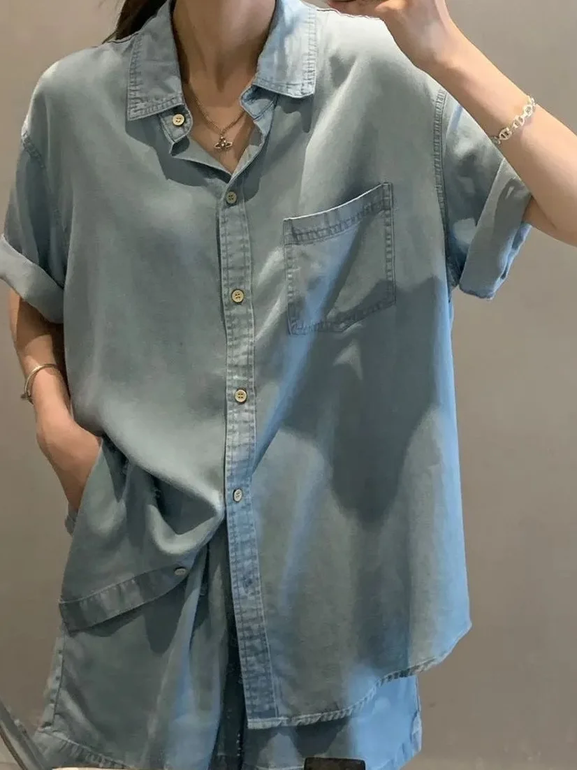 Ladies Casual Pure Color Button-Up Collar Denim Style Short Sleeve Shirt Shorts Two-Piece Set Summer Loose Korean Version