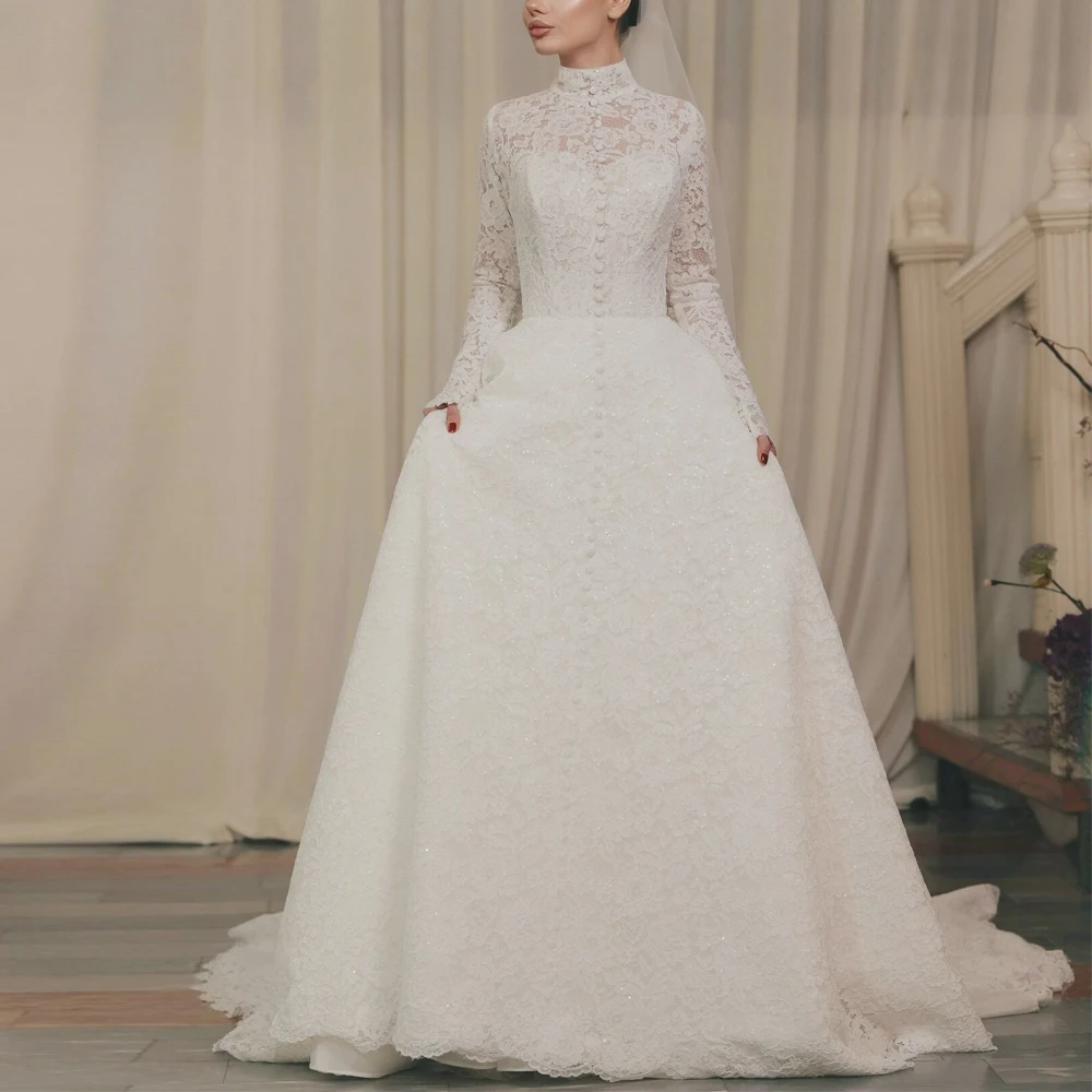 Customized Vintage Full Lace Wedding Dress High Neck Long Sleeve Muslim Bridal Gown Bead A Line Church vestidos de novia