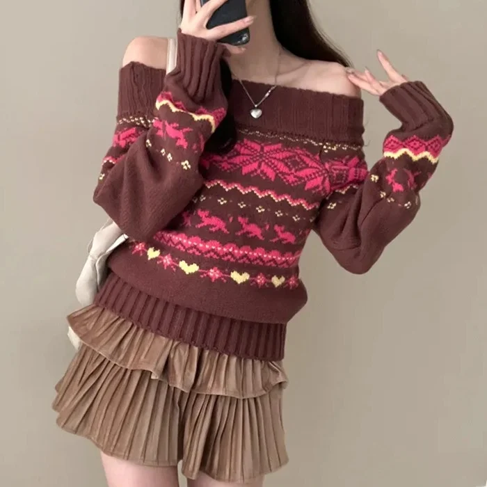 Sweter damski z dzianiny Thiened, jesienno-zimowy, w stylu retro INS, z haftem, na jedno ramię, do noszenia przez głowę, bazowa warstwa, top do biura.