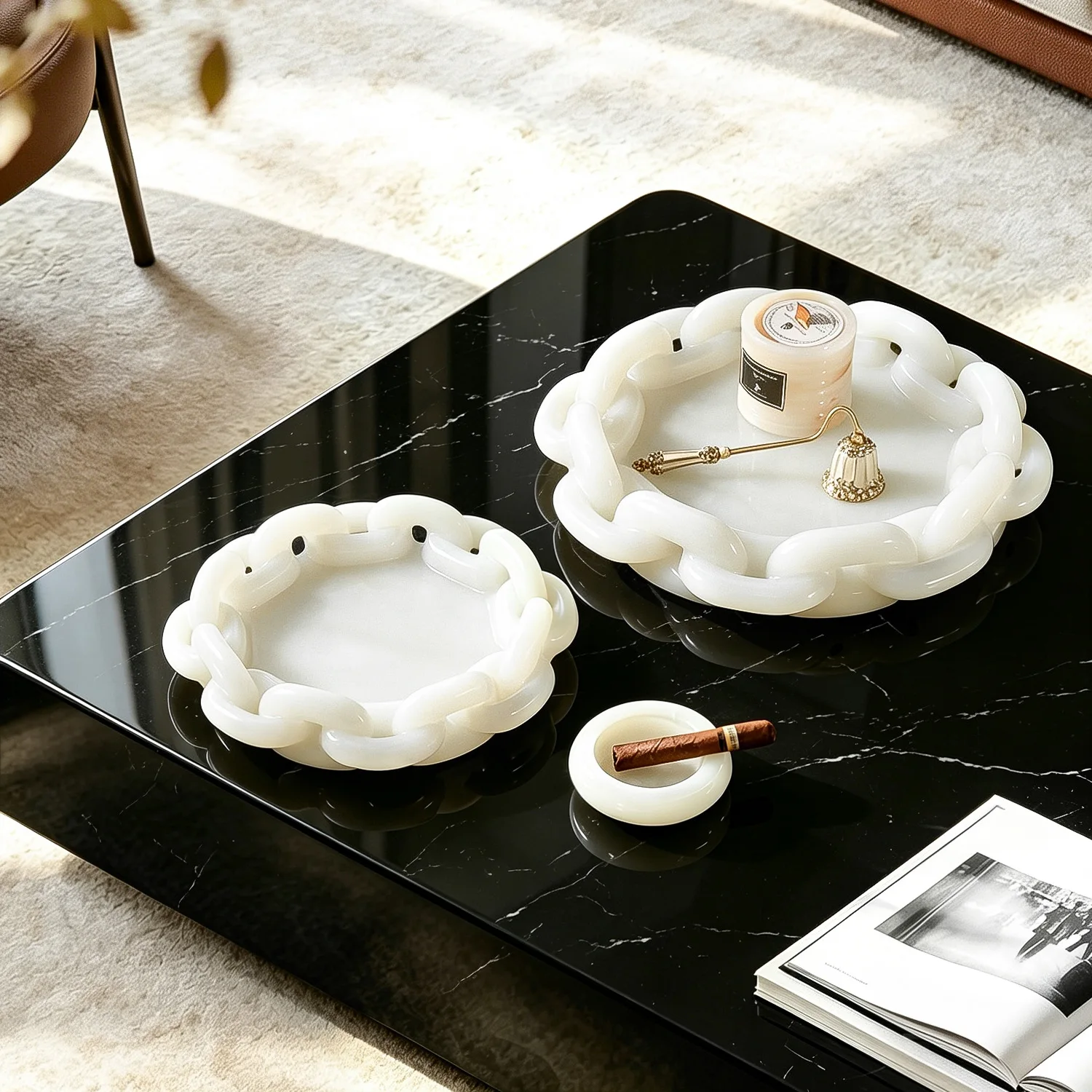 Natural Onyx Marble Tray Hand Carved Chain Link Decor Plate Jewelry Perfume Storage Dish Luxury Coffee Table Candle Display Tray