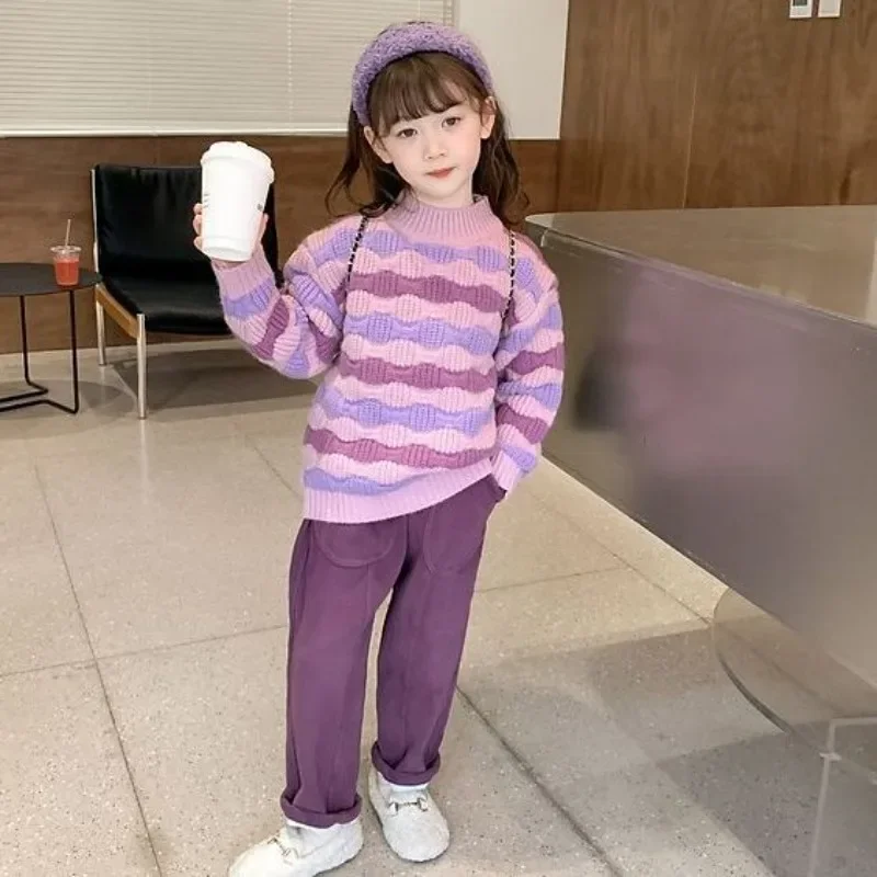 

2025 New Girls' Autumn Winter Thickened Striped Knit Sweater Baby Toddler Stylish Top