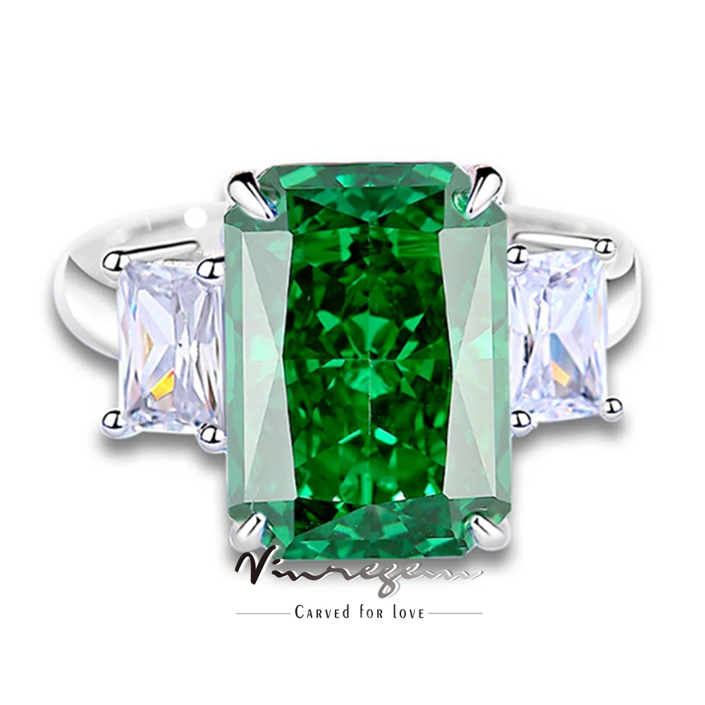 Vinregem 10*14 MM Crushed Ice Cut Emerald Aquamarine High Carbon Diamond Gems Rings 100% 925 Sterling Silver Engagement Jewelry