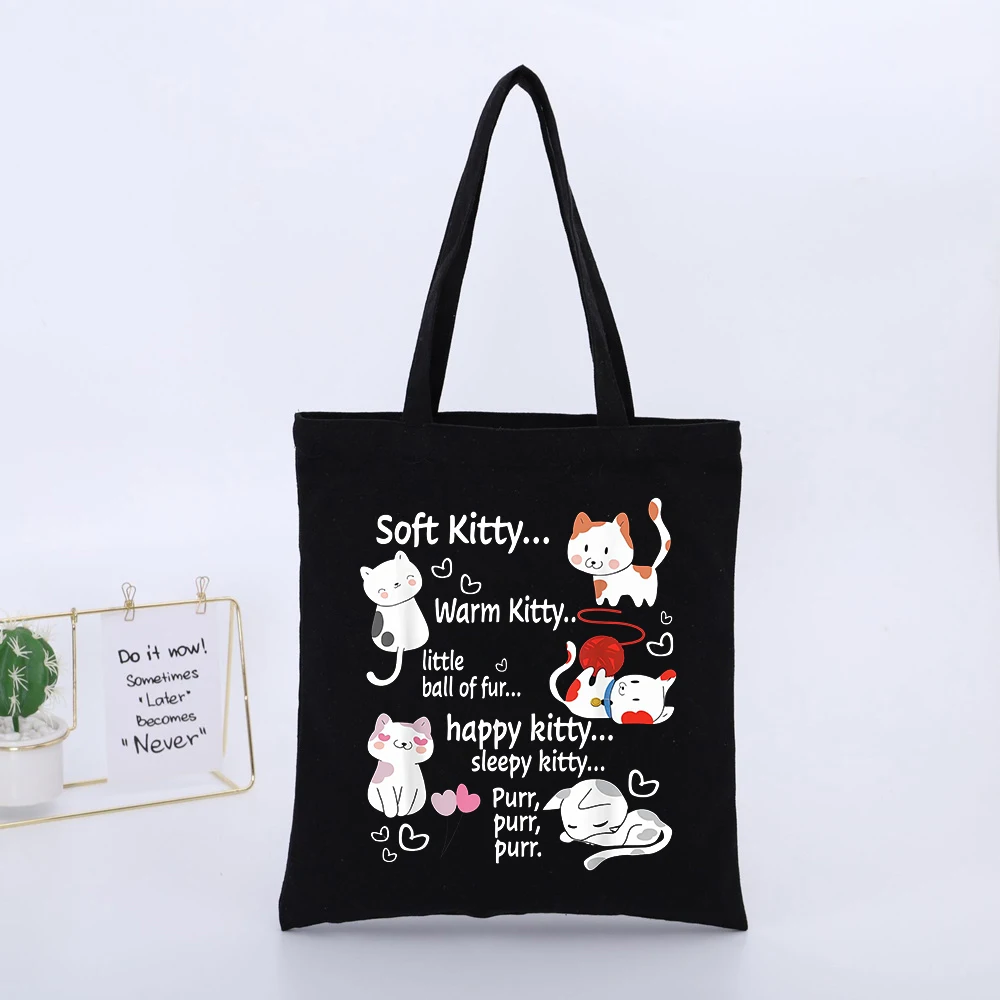 Cute Cat Graphic Canvas Tote Bag with Slogan Print, Casual Style for Daily Shopping and Errands