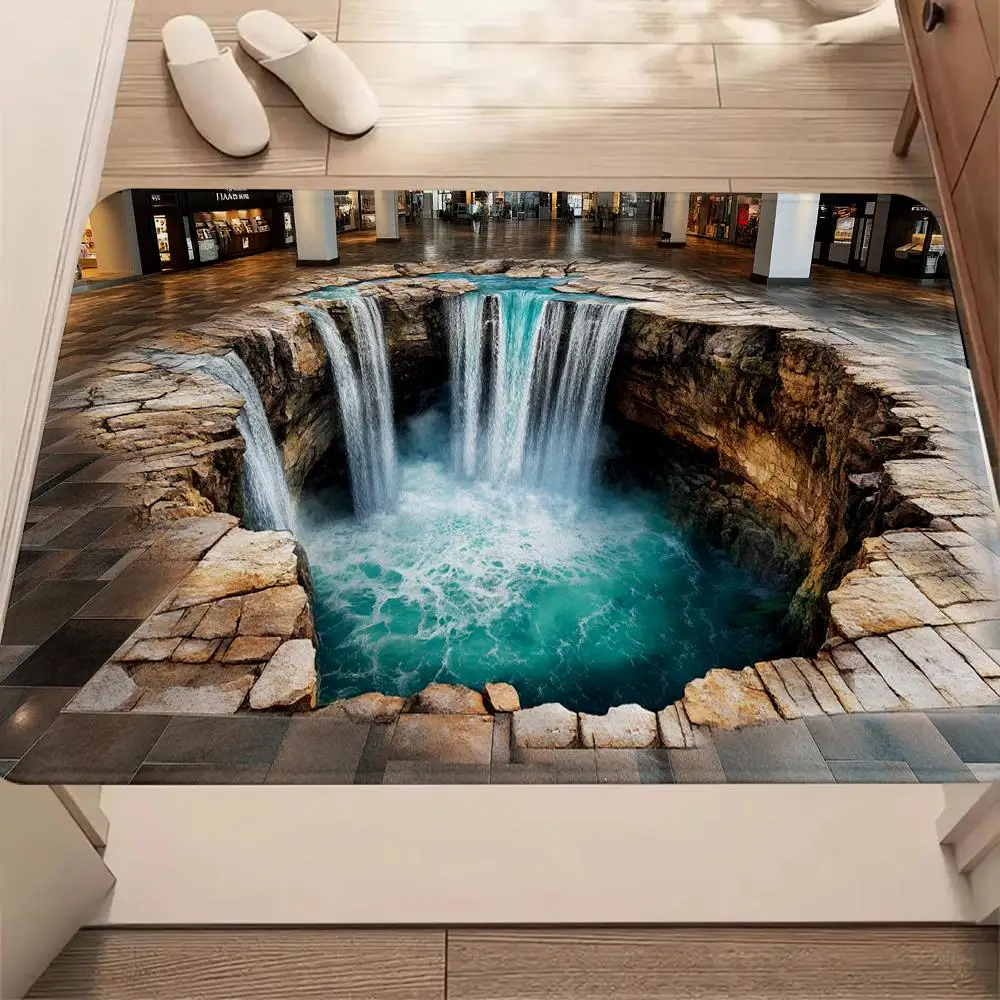 Modern Waterfall Illusion Doormat - Realistic 3D Non-Slip Floor Mat for Living Room - Washable Holiday Home Decor Carpet Rug