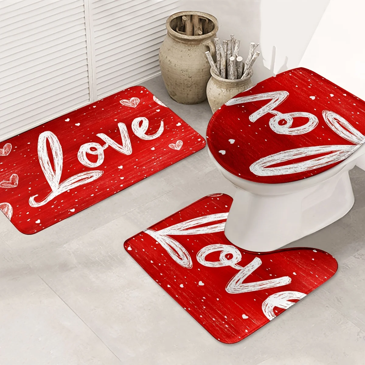 

3pcs Valentine's Day Bath Mat Set - Non-Slip, Machine Washable Rugs with Love Design for Bathroom, Kitchen, Bedroom - Includes B