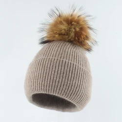 New Angora Rabbit Fur Knitted Beanie Hat Women Winter Real Raccoon Fur Pom Pom Hats Warm Soild Color Ear Protection Warm Cap