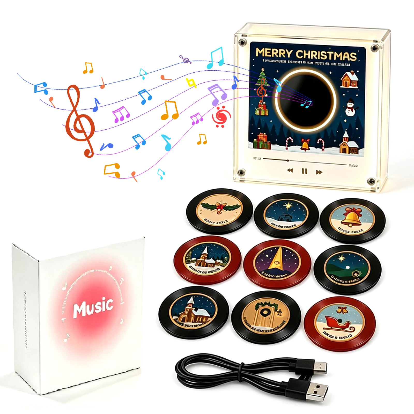 Magnetic Mini Vinyl Record Player Fridge Magnet with 9 Programmable Dics LED Night Light Acrylic Frame NFC Music Box Magnets