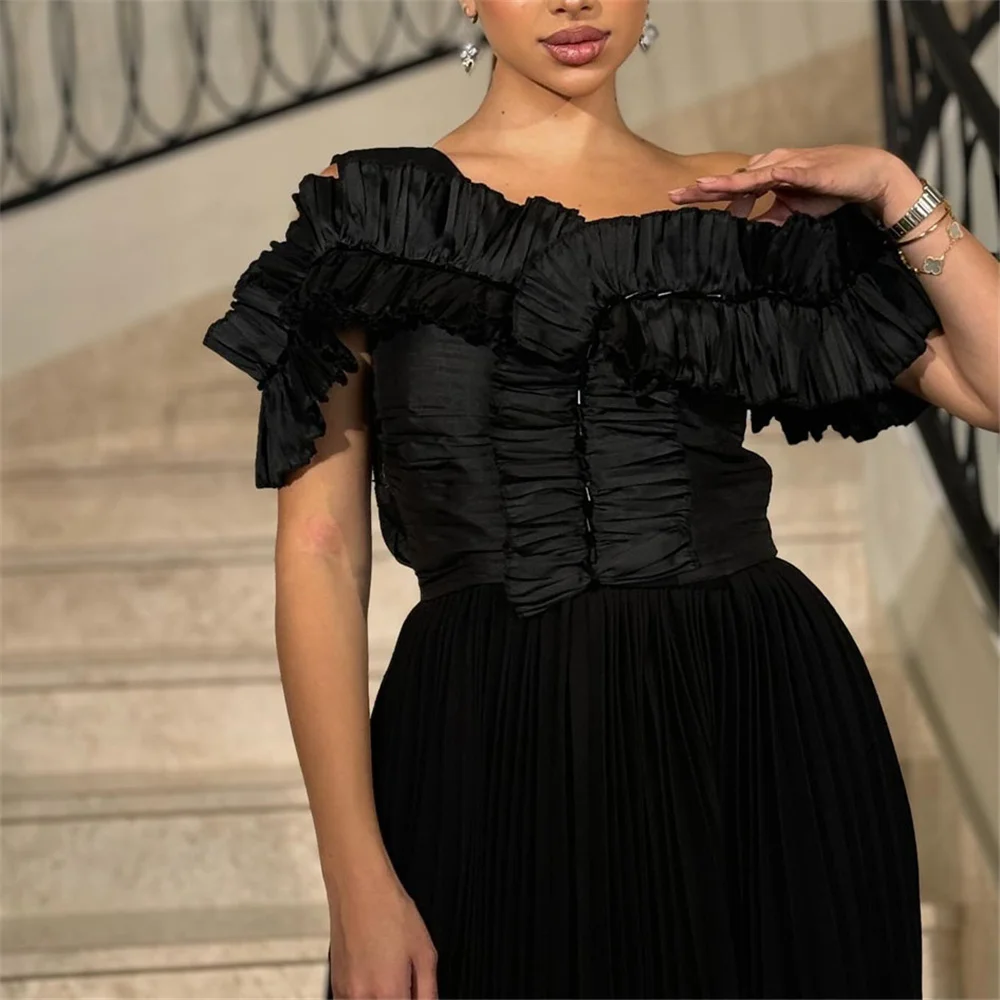ROYET Black Pleat O Neck Short Sleeve A Line Classic Evening Party Dress Floor Length High Slit Sweep Train Prom Gown Customized