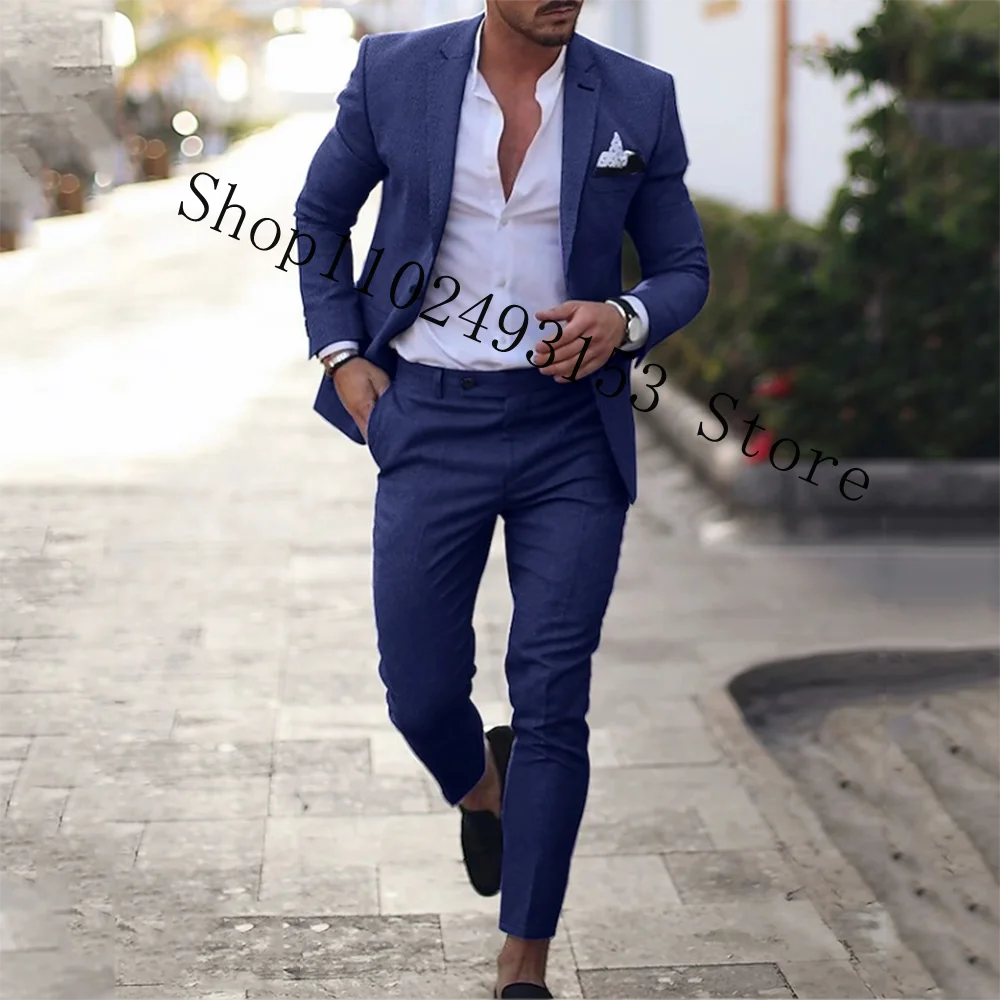 Navy Linen Suits Blazer Slim Fit Casual 2 Pieces Suits Jacket Pants Groomsmen Bridegroom Wedding Tuxedo Groom Wear Costume Homme