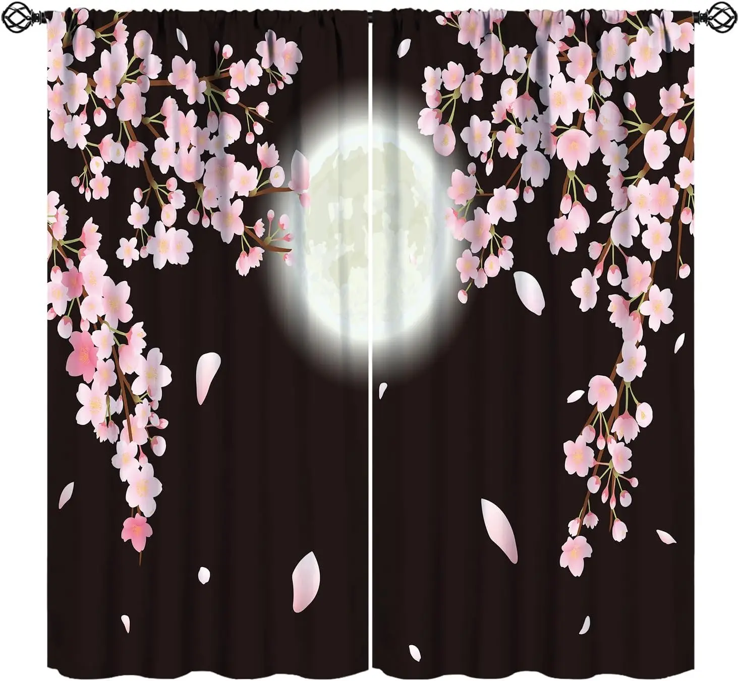 Cherry Blossom Window Curtains,Japanese Full Moon Summer Fantasy Sky Blackout Drapes,Romantic Night Pink Cherry Blossom Floral