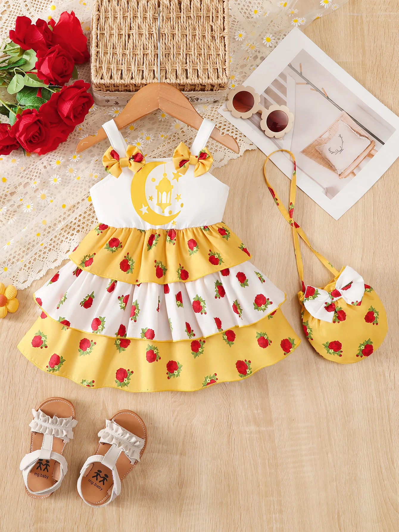 Baby Girl Dress, Comfortable and Versatile, Cute Sleeveless Strap Dress with Bow and Floral Print, Elegant Cake Dress + Crossbody Bag 2-Piece Set