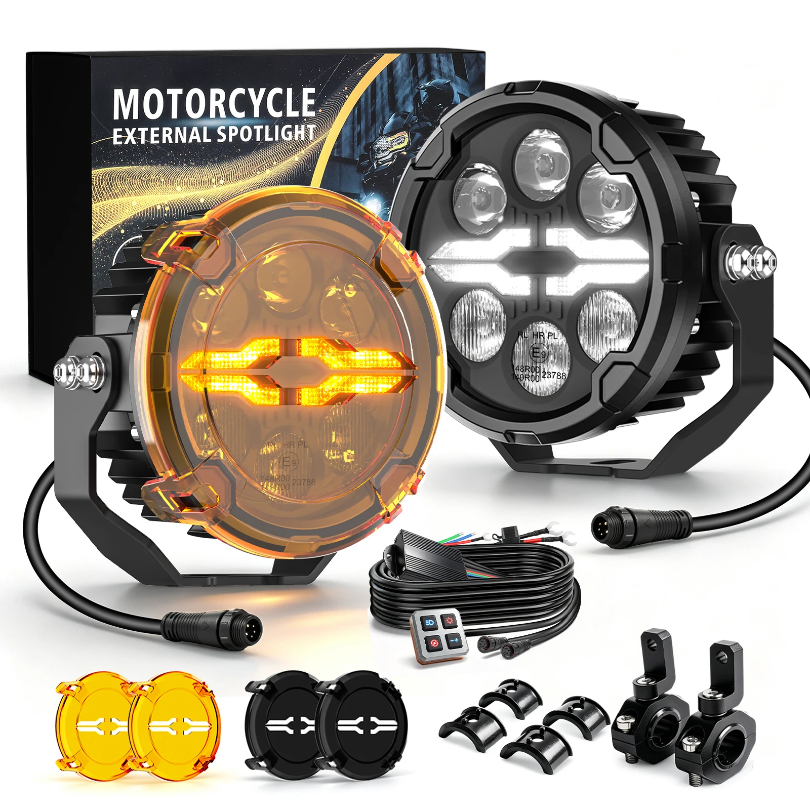 BraveWay, faro ausiliario a LED rotondo da 4,5 pollici per moto, con 6 LED, 2 colori (bianco e ambra), funzione DRL, fascio luminoso alto/basso, luce stroboscopica, faro antinebbia a LED, 12V, per