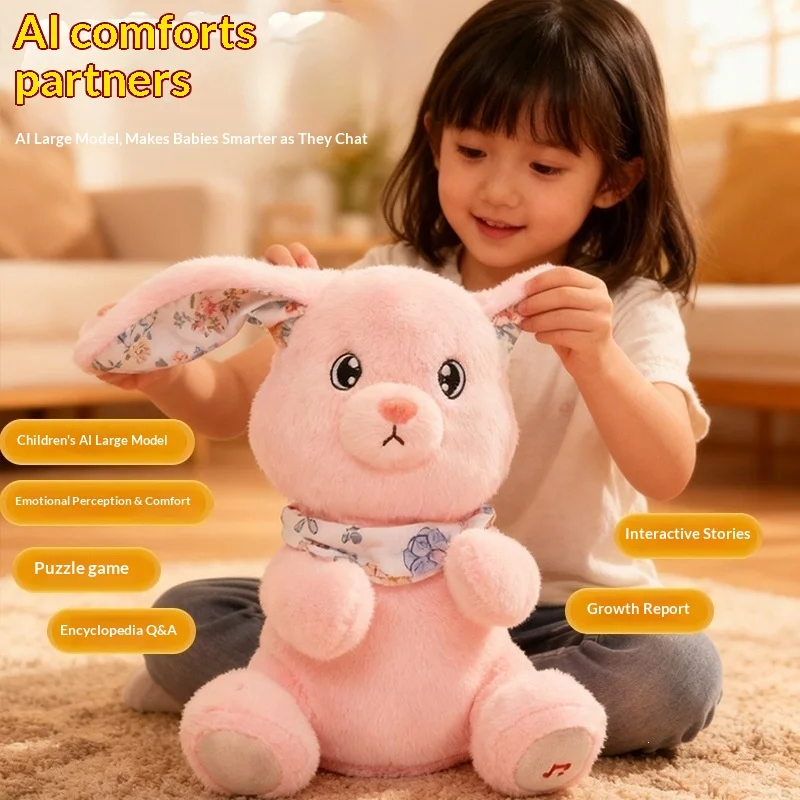 Smart AI Interactive Plush Toy Pink Soft Stuffed Bunny Voice Control Fluffy Stuffed Animal Home Relaxation Festival Gift