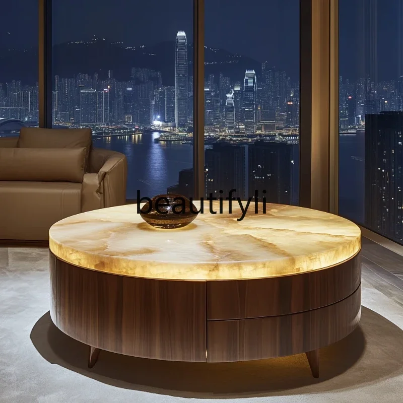 

GLuminous jade dining table, natural marble round luxury stone, high-end light luxury style, living room dining table