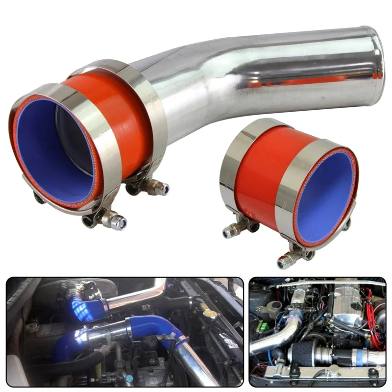 

Aluminum Intercooler Piping Tube Hose Pipe 45° 76mm 3" Universal + 2pcs Silicone hose +4pcs T-Clamps Black/Blue/Red