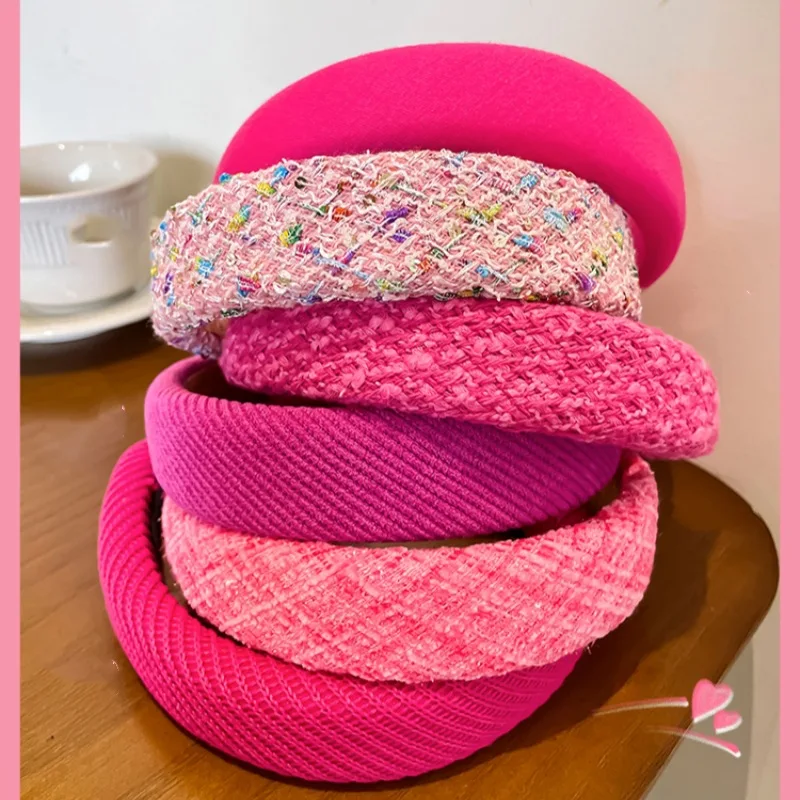 Sweet Pink Wide-brimmed Sponge Hair Band for Women Hot Fashion Headband Tweed Fabric Hoop Hairband Y2k Girls Hair Accessories