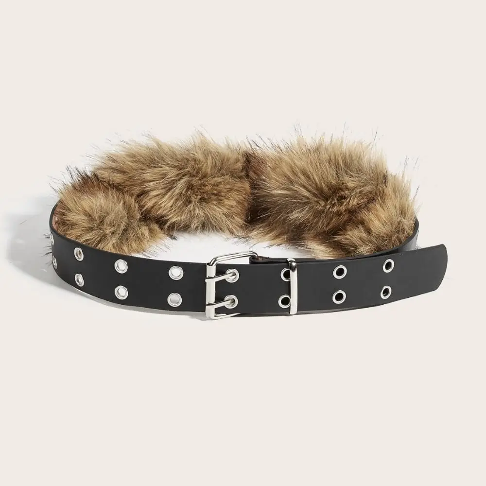 Personality PU Leather Leather Fur Belt Faux Fur Rivet Furry Waistband Korean Style Spicy Girl Style Y2K Waistband Daily