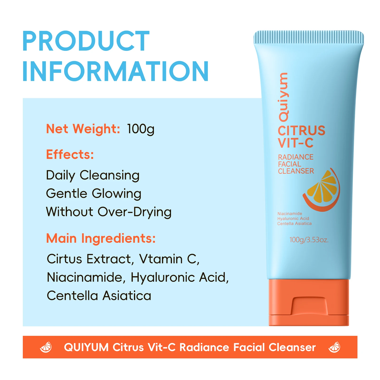 Quiyum Citrus Vit‑C Radiance Facial Cleanser 100g Gentle Daily Face Wash Non‑Drying Hydrating Glowing Skin Care with Niacinamide