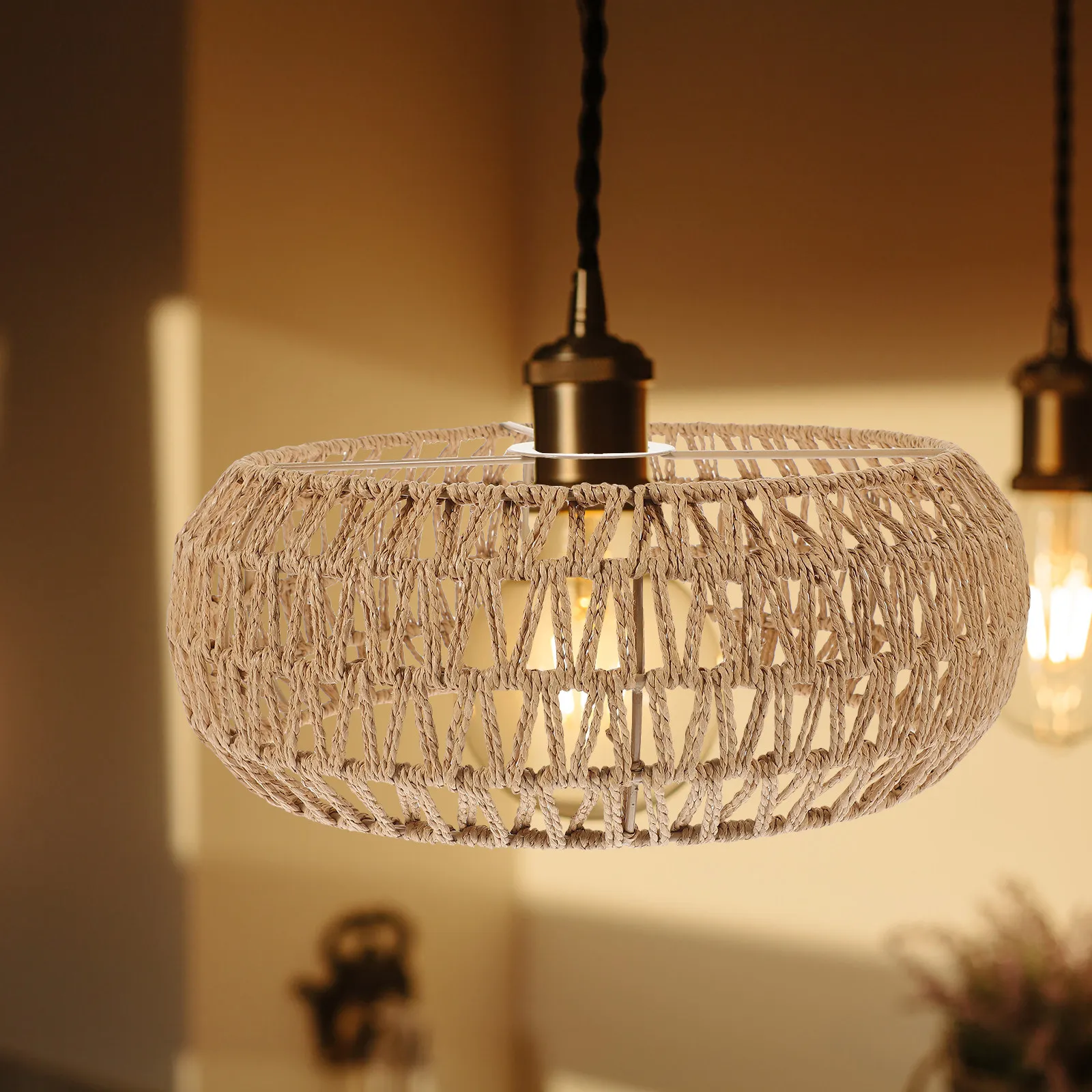 

Woven Lamp Shade E27 Hemp Rope Pendant Lampshade Rustic Style Chandelier Light Cover Natural Touch for Living Room