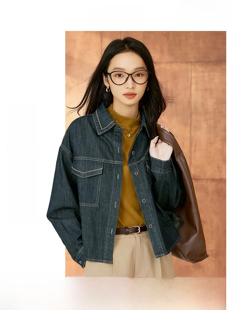 

Ретро-джинсовая рубашка женская свободного кроя с длинным рукавом из смесового хлопка, классический дизайн воротника, осенняя мода