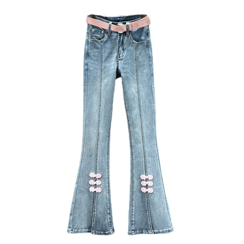 National Style Buckle Split Denim Boot-Cut Pants Female Fashion 2024 New Spring Summer High Waist Slim-Fit Skinny Jeans