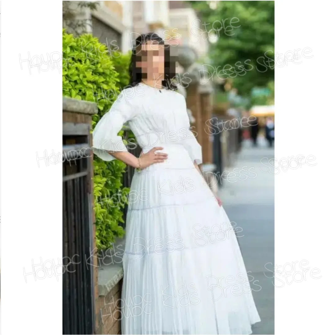 Girls White Long Sleeve Cotton Dress Vintage Pleated High Waist Tiered Maxi Gown Kids Wedding Party First Communion Vestidos