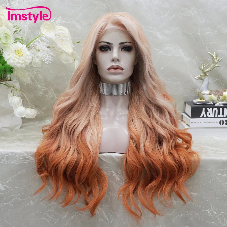 Imstyle Synthetic Lace Front Wig Ombre Orange Wigs For Women Wavy Long Lace Wig Heat Resistant Fiber Cosplay Wigs