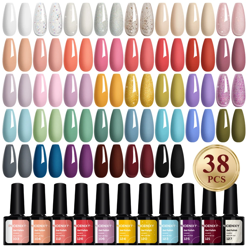 PHOENIXY 8ML 38/30PCS Gel Nail Polish Set Spring Summer Colors  Semi Permanent Gel Varnishes Long Lasting UV Gel Nail Art Set