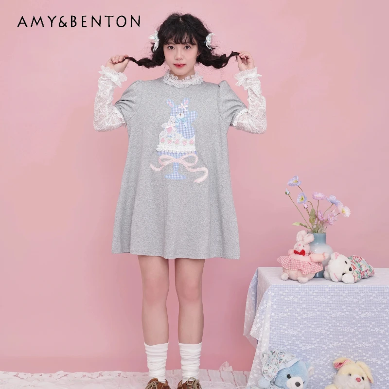 

2025 Summer New Gray Sweet Animal Print Women's Short Dress Japanese Design Cute Bow Ribbon Puff Sleeve Knitted Dress Ladies
