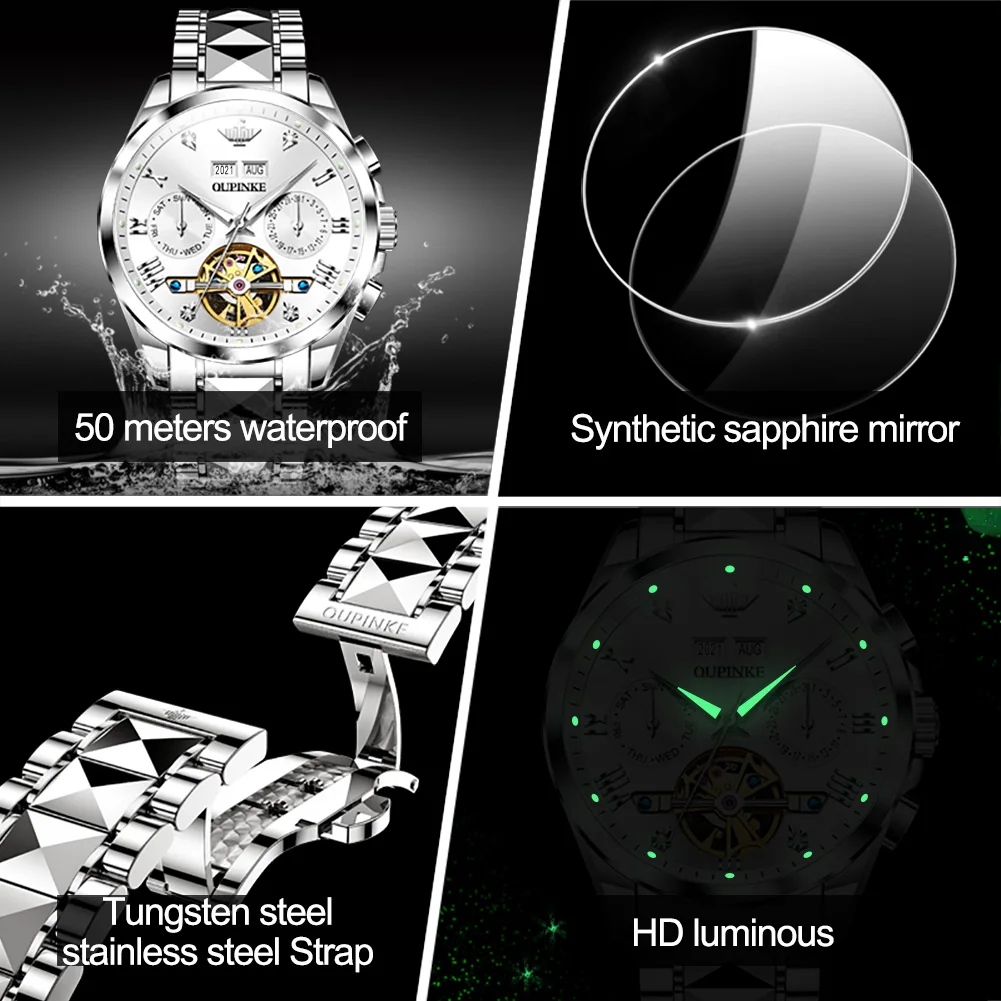 OUPINKE 3186 Men\'s Watch Luxury Brand Automatic Mechanical Wristwatch 50M Waterproof Luminous Multifunctional Chronograph Watch