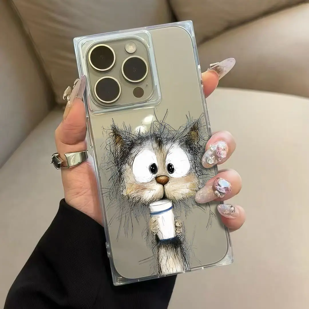 

Чехол для телефона Fun And Messy Cat Tea Cup для iPhone 17, 16, 15, 14, 13, 12, 11 Pro Max PLUS Air INS, прозрачный прямоугольный мягкий чехол