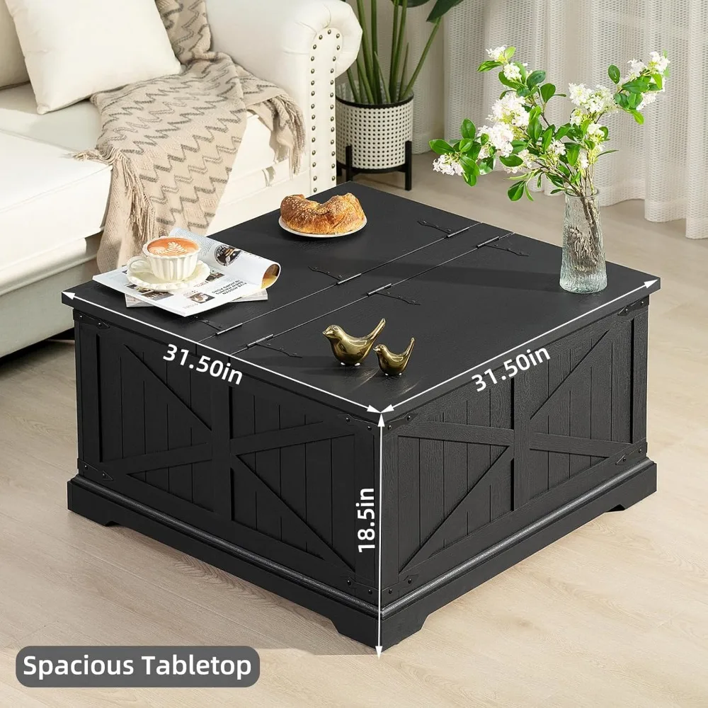 Черный журнальный столик в деревенском стиле с большим скрытым хранилищем, современная квадратная деревянная центральная часть для гостиной