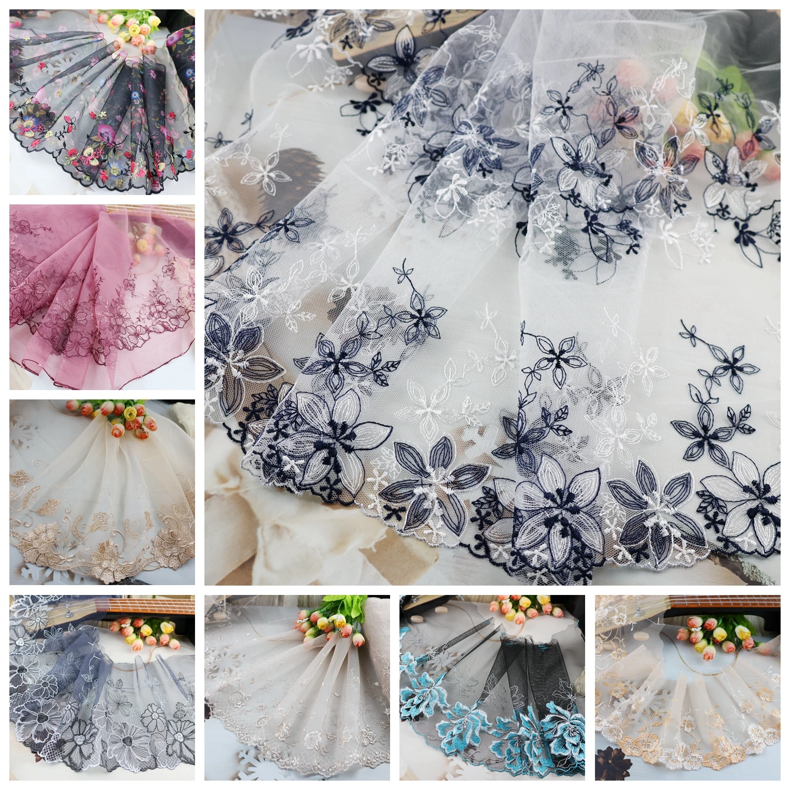 Großhandelsposten: 1 Yard zart bestickter Blumen-Tüllspitzenbesatz in Rosa/Lila/Rot/Weiß/Schwarz für DIY/Nähen/Hochzeit – A-Besatz C4