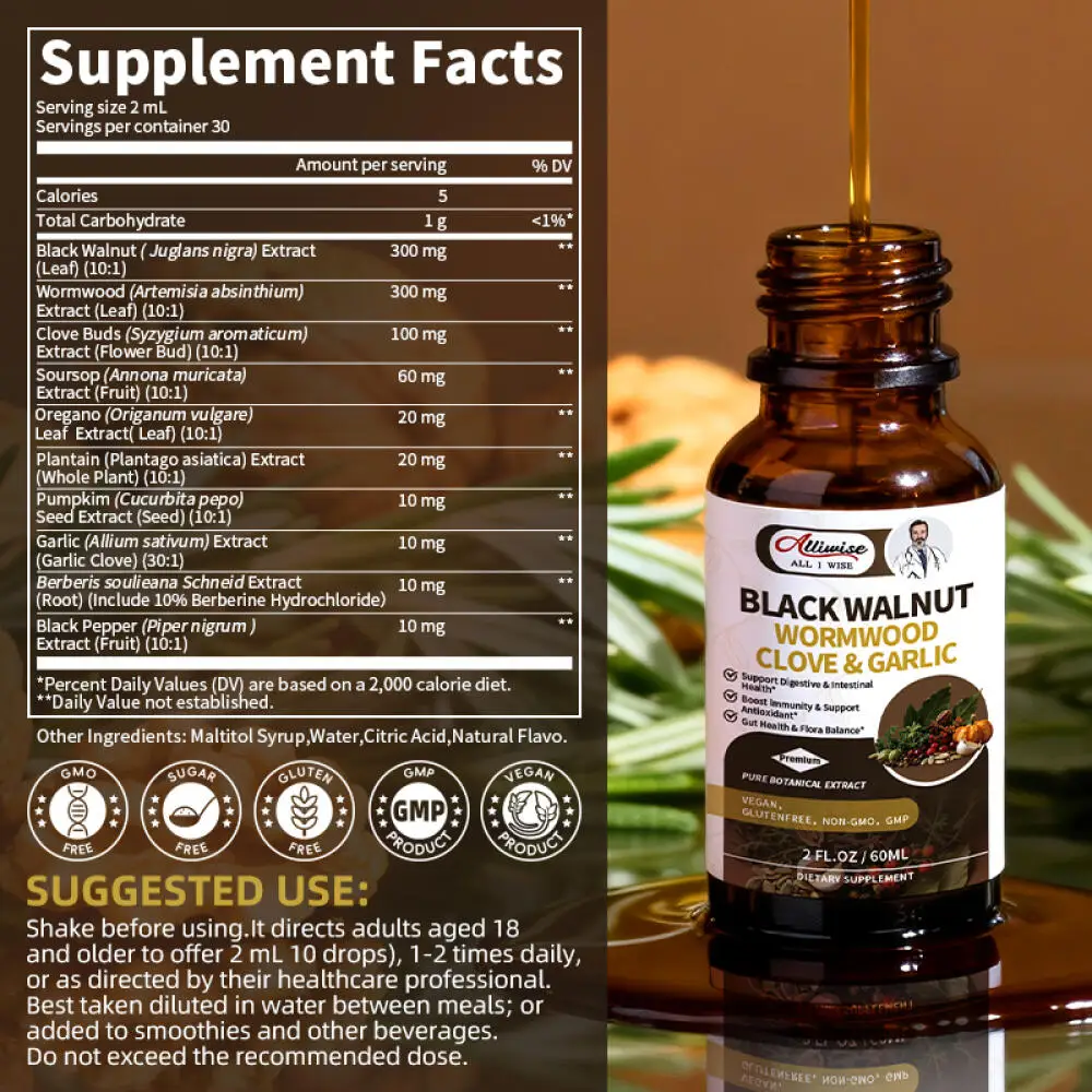 

Black Walnut Wormwood Clove & Garlic Digestive Support Intestinal Health Drops for Detoxification Cleansing And Antioxidant Boos
