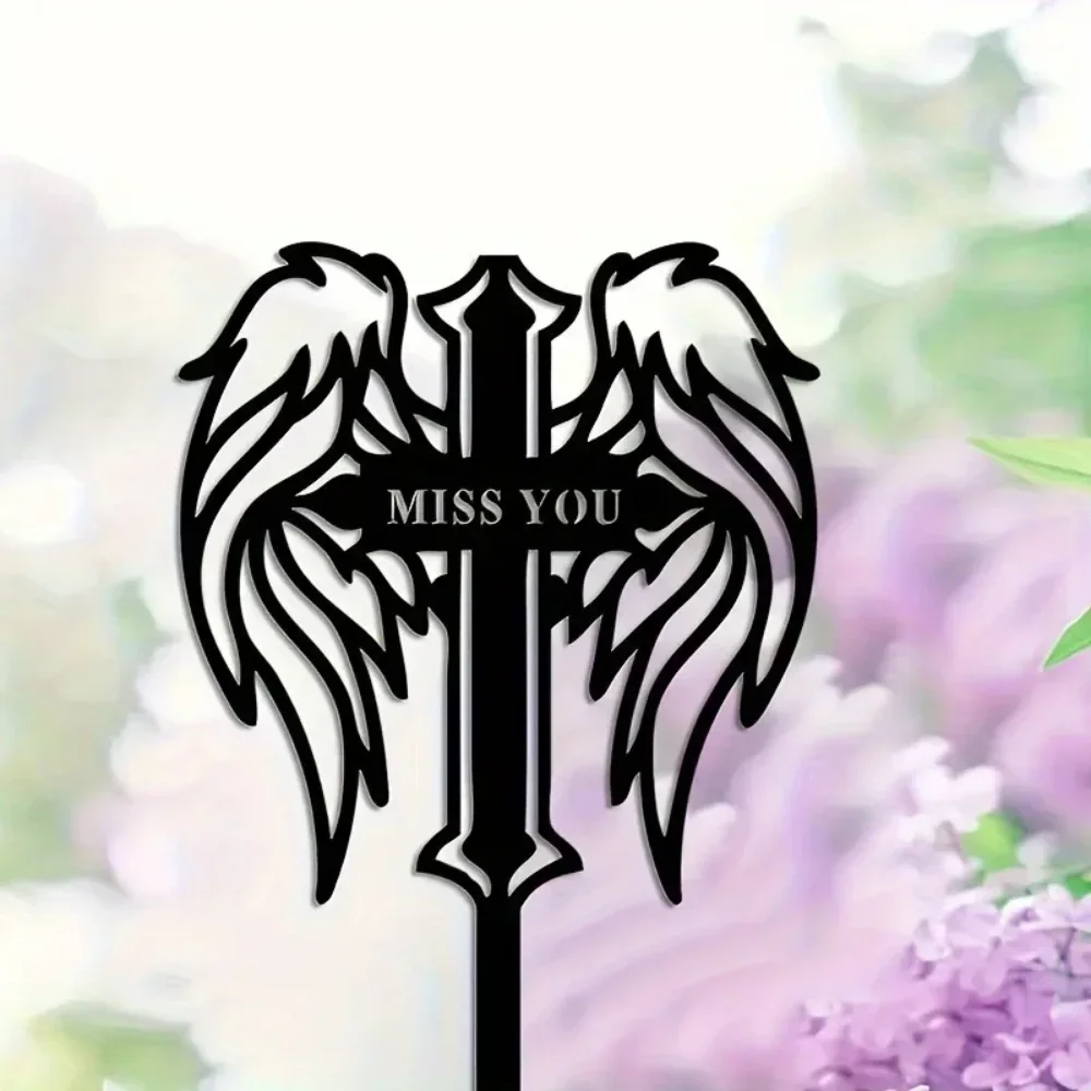 CIFbuy Aluminum Rustic Angel Wings Cross Decor Waterproof Durable Metal Mural for Cemetery Graveyard Outdoor Garden Memorial