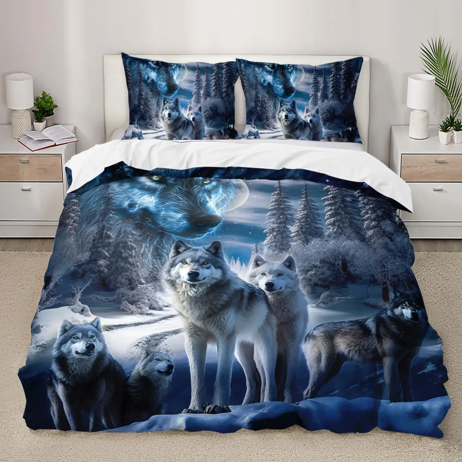 Snow Wolf Duvet Cover Set Full Queen Night Galaxy Starry Wolf Comforter Cover Wild Animals Wolf Themed Bedding Set 2/3 Pieces