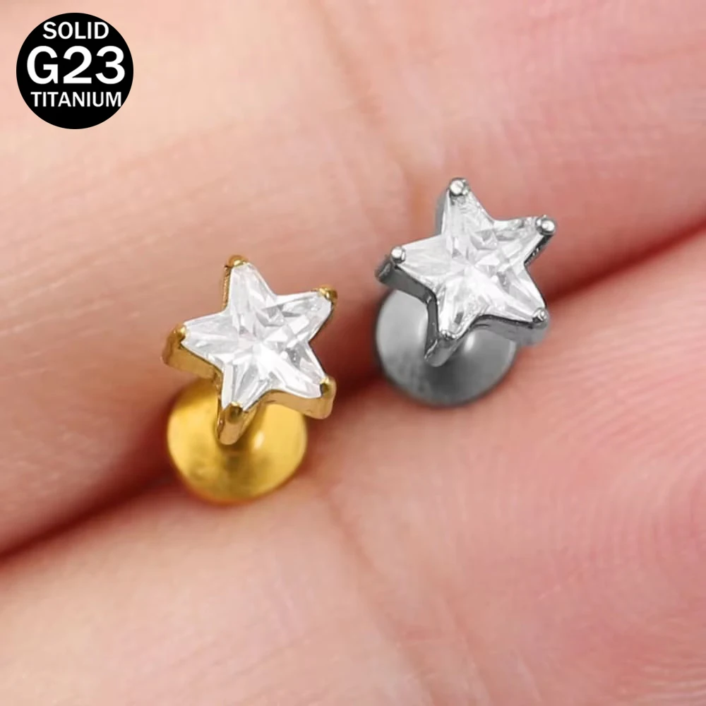 1PC ASTM F136 Titanium Star Flat Back Studs Labret Cartilage Tragus Helix Nose Lip Piercing Jewelry Earrings For Women Men